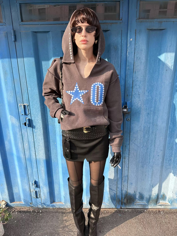 XaLWORCLO _ No.0 PRINT HAND-DISTRESSED SEQUIN RAW-EDGE HOODIE