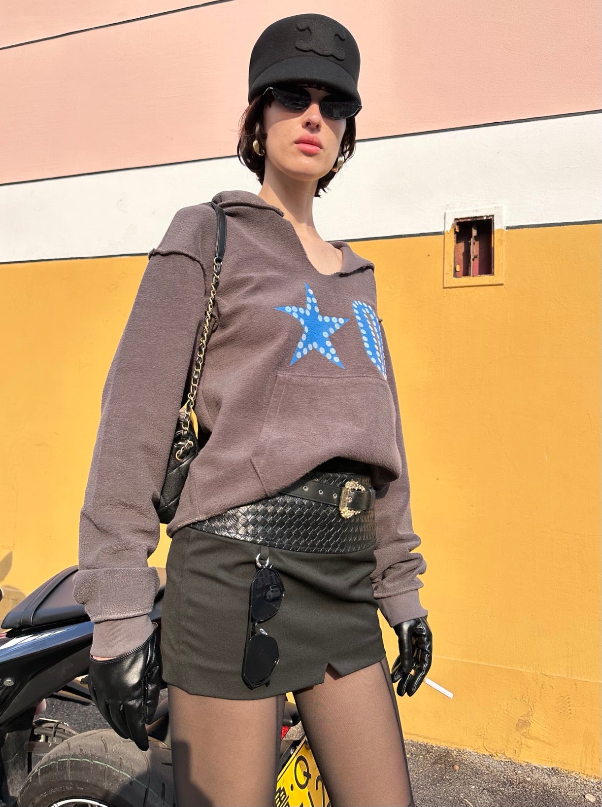 XaLWORCLO _ BLACK WOOL MINI SKIRT WITH BRAIDED LEATHER BELT