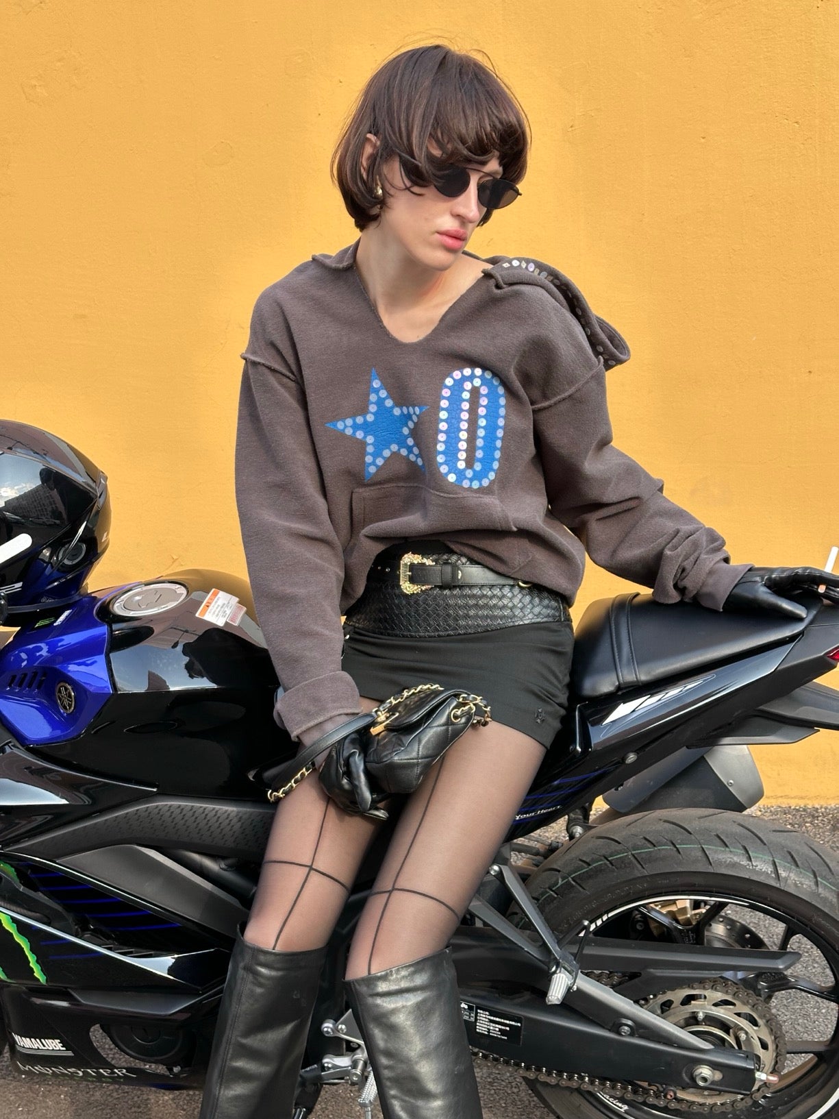 XaLWORCLO _ No.0 PRINT HAND-DISTRESSED SEQUIN RAW-EDGE HOODIE