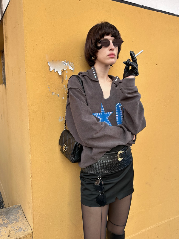 XaLWORCLO _ No.0 PRINT HAND-DISTRESSED SEQUIN RAW-EDGE HOODIE