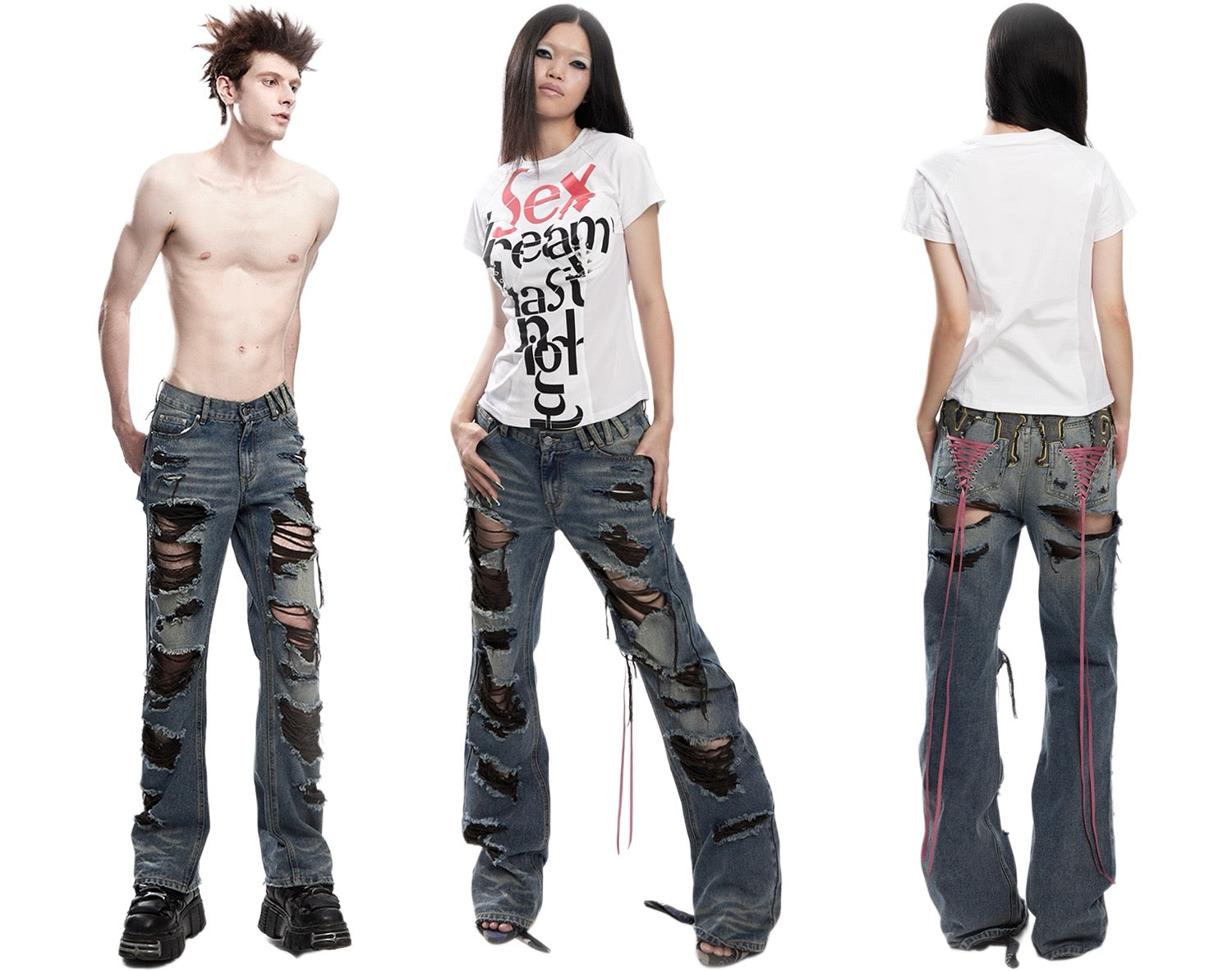 Fruitanari _ DISTRESSED CUT-OUT LACED POCKET DENIM JEANS