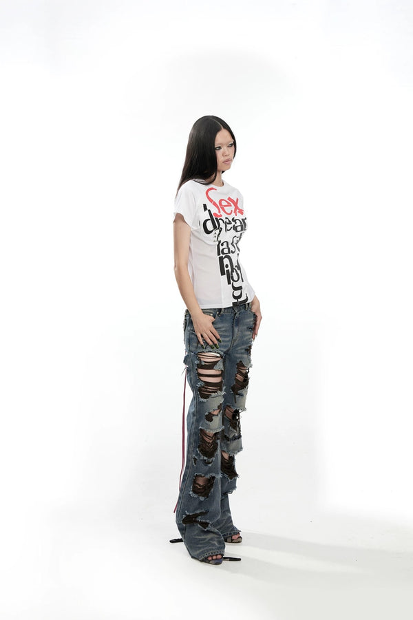 Fruitanari _ DISTRESSED CUT-OUT LACED POCKET DENIM JEANS