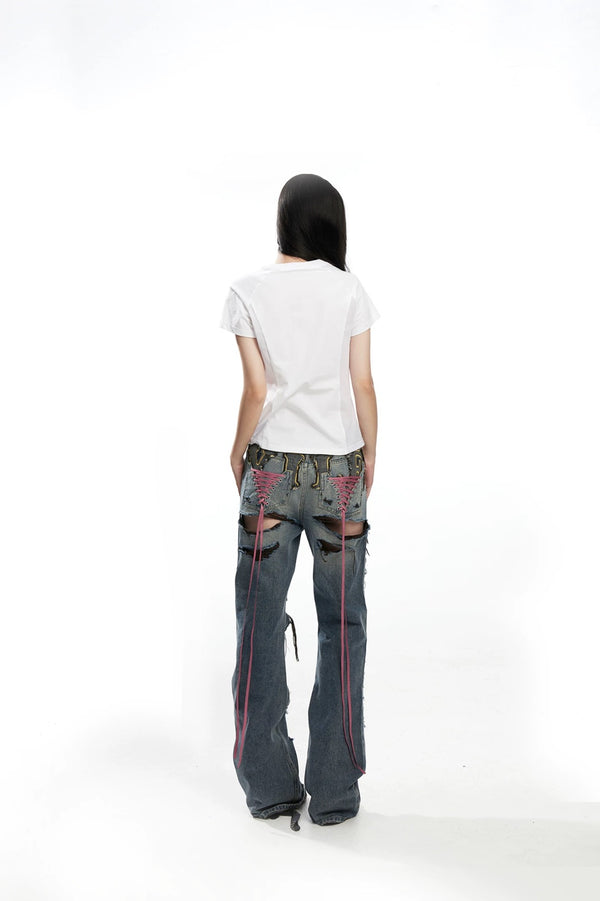 Fruitanari _ DISTRESSED CUT-OUT LACED POCKET DENIM JEANS