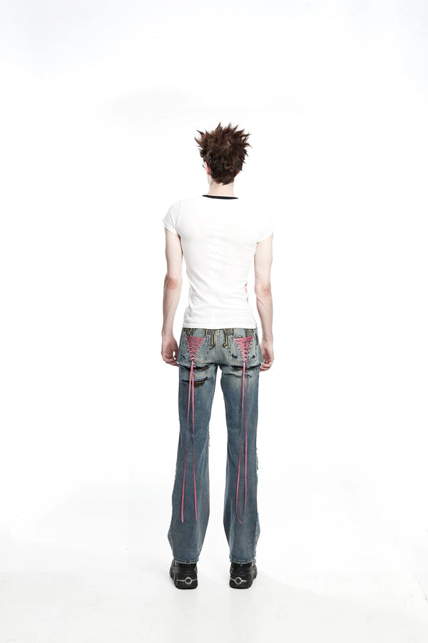 Fruitanari _ DISTRESSED CUT-OUT LACED POCKET DENIM JEANS