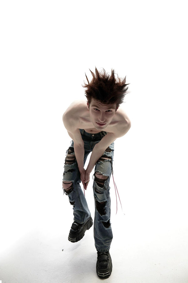 Fruitanari _ DISTRESSED CUT-OUT LACED POCKET DENIM JEANS