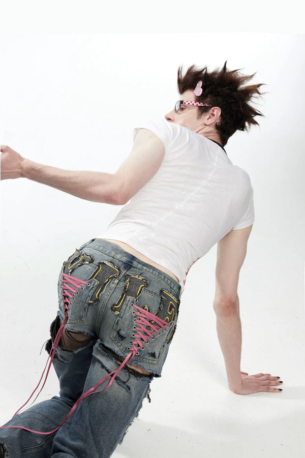 Fruitanari _ DISTRESSED CUT-OUT LACED POCKET DENIM JEANS