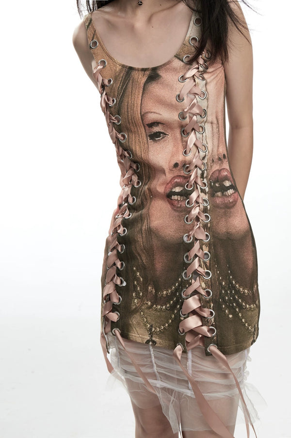 Fruitanari _ PRINTED LACE-UP BODYCON DRESS