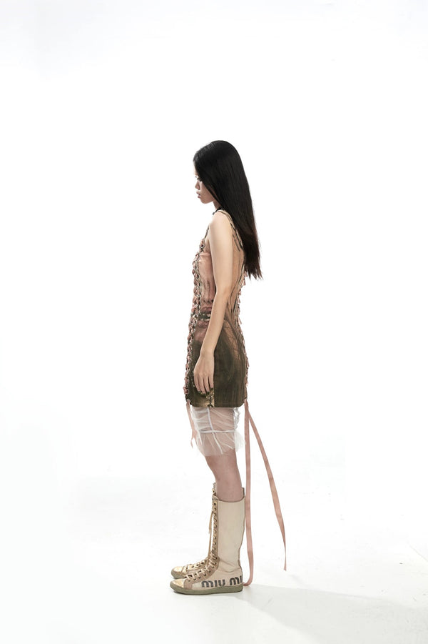 Fruitanari _ PRINTED LACE-UP BODYCON DRESS