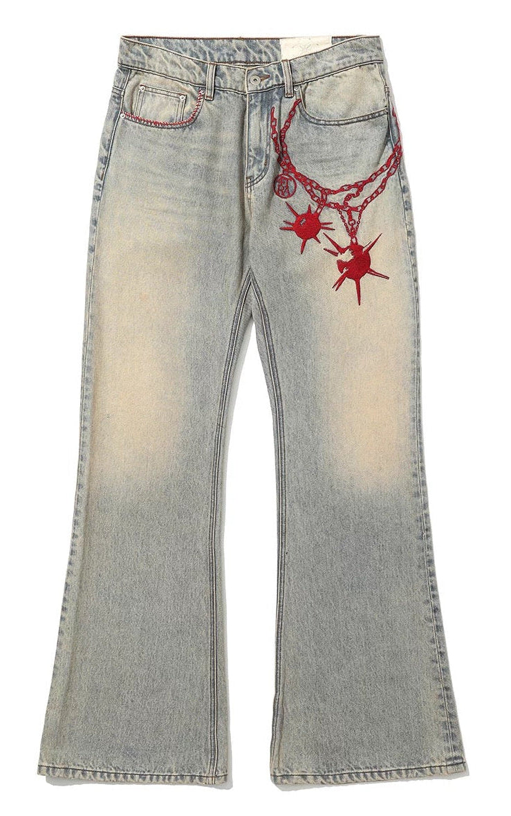 4Tra _ "SUPPORT & PAIN" EMBROIDERED FLAIL FLARE JEANS