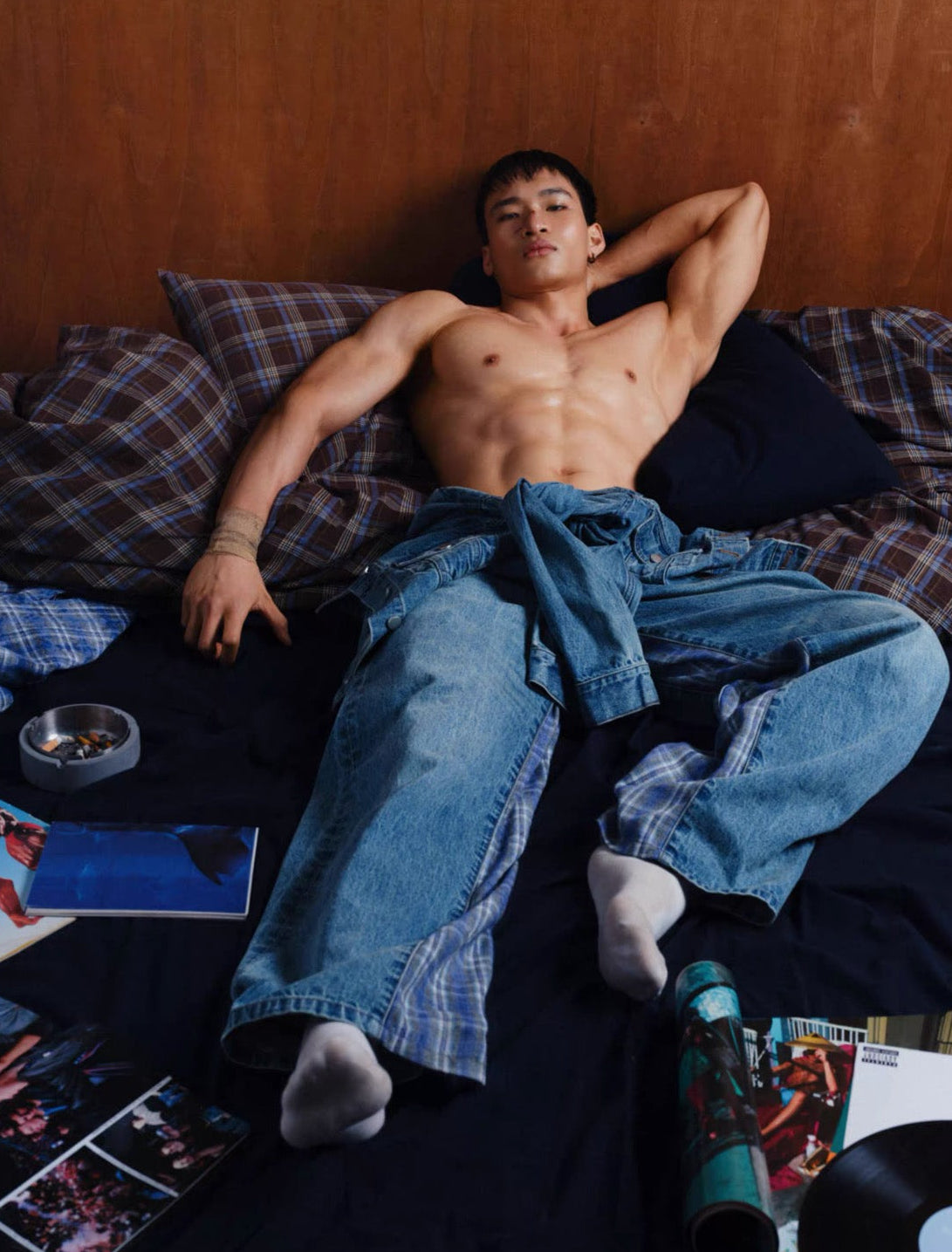 INTERRUPT _ PLAID PANEL DENIM TROUSERS